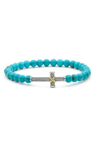 ���S�X ���f�B�[�X �A�N�Z�T���[ �u���X���b�g�E�o���O���E�A���N���b�g LAGOS Men's Anthem Cross Turquoise Beaded Stretch Bracelet SILVER �V���o�[