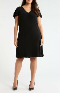 AK �A���N���C�� ���f�B�[�X �g�b�v�X �����s�[�X A ���C�� �v���X�T�C�Y AK ANNE KLEIN Double Flutter Sleeve A-Line Dress (Plus) ANNE BLACK �u���b�N