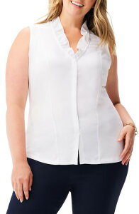 �j�b�N�v���X�]�[�C ���f�B�[�X �g�b�v�X �V���c �v���X�T�C�Y �t���� �m�[�X���[�u NIC+ZOE Ruffle Around Mixed Media Sleeveless Top (Plus) PAPER WHITE �z���C�g
