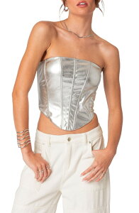 �A�f�B�N�e�b�h ���f�B�[�X �g�b�v�X �V���c �g�[�� ���U�[ �t�F�C�N���U�[ EDIKTED Mabel Metallic Faux Leather Corsetop SILVER �V���o�[