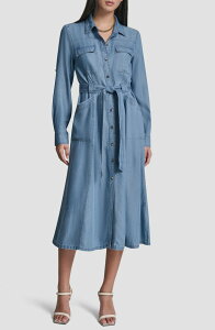 �_�i �L������ �j���[���[�N ���f�B�[�X �g�b�v�X �����s�[�X �~�f�B �V���c DKNY Tie Waist Roll Tab Chambray Midi Shirtdresstream Wash