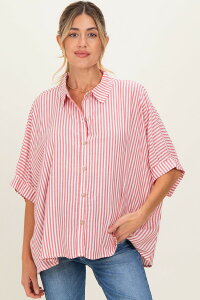 �s���N�u���b�V�� ���f�B�[�X �g�b�v�X �V���c �}�^�j�e�B PinkBlush Striped Button Up Dolman Top (Maternity) Red ���b�h