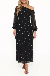 �y�^���A���h�p�b�v ���f�B�[�X �g�b�v�X �����s�[�X �����V�����_�[ �}�L�V Petal & Pup Levine One-Shoulder Maxi Dress BLACK POLKA DOT �u���b�N