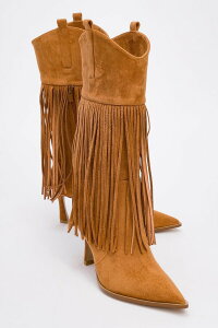 �v�����[�O�V���[�Y ���f�B�[�X �u�[�c�E���C���u�[�c �t�����W Prologue Shoes Gueras Fringe Pointed Toe Boot (Women) Cognac Suede Faux Leather