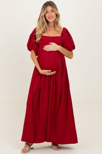 �s���N�u���b�V�� ���f�B�[�X �g�b�v�X �����s�[�X �}�^�j�e�B �}�L�V PinkBlush Square Neck Puff Sleeve Maxi Dress (Maternity) Burgundy �o�[�K���f�B