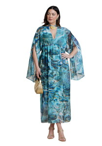 �G���N�C ���f�B�[�X �g�b�v�X �����s�[�X �v���X�T�C�Y ELOQUII Shell Detail Wide Sleeve Kaftan (Plus Regular) AQUAMARINE