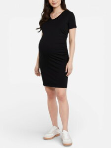 �}�U�[�t�b�h�}�^�j�e�B�[ ���f�B�[�X �g�b�v�X �����s�[�X V�l�b�N �M���U�[ �~�j MOTHERHOOD MATERNITY V-Neck Short Sleeve Side Ruched Bodycon Mini Dress (Maternity) Black �u���b�N