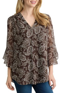 �W���[���Y�j���[���[�N ���f�B�[�X �g�b�v�X �V���c Jones New York Flutter Sleeve Paisley Top FUDGE/ WHITE SAND MULTI �z���C�g