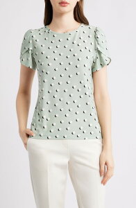 AK �A���N���C�� ���f�B�[�X �g�b�v�X �����s�[�X �v�` �v�����g AK ANNE KLEIN Circle Printulip Sleeve Top (Petite) SOFT ALOE MULTI �}���`�J���[