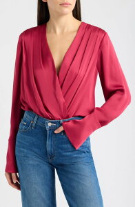 �t�F�C�o���b�g �h�[�^�[ ���f�B�[�X �g�b�v�X �V���c �T�e�� �{�f�B�[�X�[�c Favorite Daughter Surplice Long Sleeve Satin Bodysuit RASPBERRY