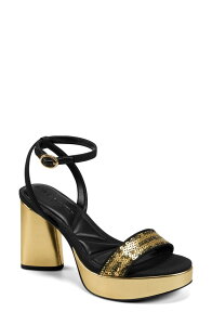 �J�[�� ���K�[�t�F���h ���f�B�[�X �V���[�Y �q�[�� �T���_�� �A���N�� KARLAGERFELD PARIS Haden Ankle Strap Sandal Gold/ Black �u���b�N