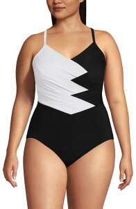 �����Y�G���h ���f�B�[�X �g�b�v�X �����s�[�X �v���X�T�C�Y �v���[�c Lands' End Plusize New SlenderSuit Pleated Low Leg One Piece Swimsuit (Plus) Black/White �z���C�g