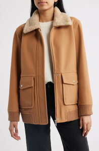 �T���G�f���}�� ���f�B�[�X �A�E�^�[ �W���P�b�g�E�u���]�� Sam Edelman Relaxed Bomber Jacket with Faux Shearling Collar CAMEL �L������