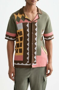 �X�R�b�`�A���h�\�[�_ �����Y �g�b�v�X �V���c �R�b�g�� �j�b�g Scotch & Soda Oversize Geo Jacquard Knit Cotton Blend Camp Shirt Patchwork Jacquard