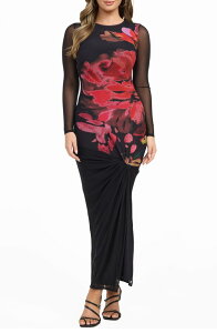 �Q�X ���f�B�[�X �g�b�v�X �����s�[�X �t�����[�� �v�����g �}�L�V �t�����[ GUESS Alyssa Floral Print Long Sleeve Maxi Dress Vocal Rose Print