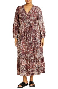 �V�e�B�[�V�b�N ���f�B�[�X �g�b�v�X �����s�[�X �v���X�T�C�Y �v�����g �}�L�V City Chic Arya Print Long Sleeve Maxi Dress (Plus) CHOCOLATE PRINT �`���R���[�g
