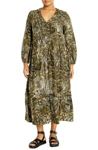 �V�e�B�[�V�b�N ���f�B�[�X �g�b�v�X �����s�[�X �v���X�T�C�Y �v�����g �}�L�V City Chic Arya Print Long Sleeve Maxi Dress (Plus) GREEN PRINT �O���[��