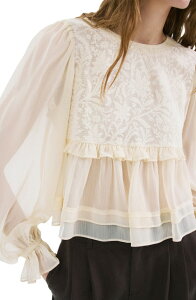 �}���S ���f�B�[�X �g�b�v�X �V���c �t���� �R���g���X�g ���[�X MANGO Lace Contrast Ruffle Top YELLOW �C�G���[