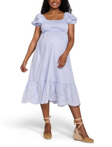 �}�U�[�t�b�h�}�^�j�e�B�[ ���f�B�[�X �g�b�v�X �����s�[�X �~�f�B �V���[�����O MOTHERHOOD MATERNITY Smocked Bodice with Puff Sleeves Midi Dress (Maternity) Blue & White Stripe �z���C�g