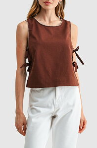 �I�[���C���t�{�[�� ���f�B�[�X �g�b�v�X �V���c �R�b�g�� ���l�� All in Favor Side Tie Cotton & Linen Shell CHOCOLATE OATMEAL �`���R���[�g