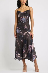�`�F���V�[ 28 ���f�B�[�X �g�b�v�X �����s�[�X �~�f�B �T�e�� Chelsea28 Cowl Neck Seamed Satin Midi Dress BROWN BRIANNE FLORAL �u���E��