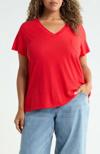 �L���X���� ���f�B�[�X �g�b�v�X �V���c V�l�b�N �v���X�T�C�Y �R�b�g�� Caslon Short Sleeve Cotton & Modal V-Neck Pocket-Shirt (Plus) RED RADISH ���b�h