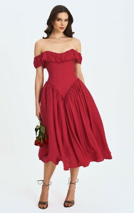 �~�X�T�[�N�� ���f�B�[�X �g�b�v�X �����s�[�X �~�f�B �I�t�V�����_�[ Miss Circle Xavy Drop Waist Off-Shoulder Corset Midi Dress Crimson �N�����]��