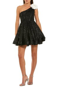 �}�b�N�_�K�� ���f�B�[�X �g�b�v�X �����s�[�X �~�j �X�p���R�[�� Mac Duggal One Shoulder Sequin Mini Dress With 3D Flower Black Ivory �A�C�{���[