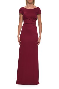 ���t�F�� ���f�B�[�X �g�b�v�X �����s�[�X �W���[�W�[ La Femme Simple Short Sleeve Fitted Jersey Evening Dress Wine ���C��