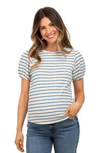 �s���N�u���b�V�� ���f�B�[�X �g�b�v�X �V���c �}�^�j�e�B PinkBlush Striped Textu red Puff Sleeve Top (Maternity Regular) Light Blue �u���[