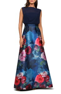 �P�C �A���W���[ ���f�B�[�X �g�b�v�X �����s�[�X �m�[�X���[�u Kay Unger Eileen Sleeveless Mixed Media Gown INK BLUE MULTI �u���[