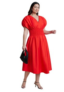 �G���N�C ���f�B�[�X �g�b�v�X �����s�[�X V�l�b�N �v���X�T�C�Y �~�f�B ELOQUII V Neck Fla red Poplin Midi Dress (Plus) FIERY RED ���b�h