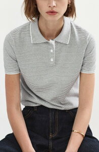 �}���S ���f�B�[�X �A�E�^�[ �j�b�g�E�Z�[�^�[ �|���V���c MANGO Stripe Polo Sweater NAVY �l�C�r�[