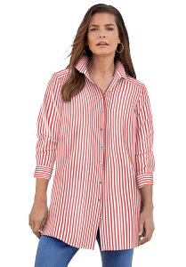 ���A�}���Y ���f�B�[�X �g�b�v�X �V���c �v���X�T�C�Y �R�b�g�� Roaman's Kate Long Sleeve Crisp Cotton Blend Button Frontunic (Plus Regular) CORAL RED STRIPE ���b�h