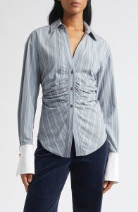 ���F���j�J �x�A�[�h ���f�B�[�X �g�b�v�X �V���c Veronica Beardevra Striped Long Sleeve Shirt BLUE RIVER MULTI �u���[
