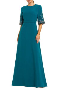 �}�b�N�_�K�� ���f�B�[�X �g�b�v�X �����s�[�X �N���[�v A ���C�� Mac Duggal Women's Crepe A Line Gown With Beaded 3/4 Sleeves Ocean