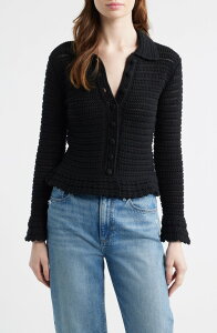 ���C�h�E�F�� ���f�B�[�X �A�E�^�[ �p�[�J�[�E�X�E�F�b�g �R�b�g�� �J�[�f�B�K�� �j�b�g Madewell Pointelle Knit Peplum Cotton Cardigan Jet Black �u���b�N