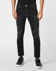 �t�B���b�v�v���C�� �����Y �{�g���X �J�W���A���p���c �f�j�� PHILIPPLEIN Denim Trouserskinny Fit With Python Inserts Men marble grey �f�j��