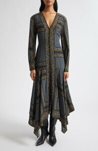���F���j�J �x�A�[�h ���f�B�[�X �g�b�v�X �����s�[�X �v�����g �V���c �V���N Veronica Beard Skye Tile Print Long Sleeve Handkerchief Hem Silk Blend Shirtdress HERITAGE NAVY MULTI �l�C�r�[