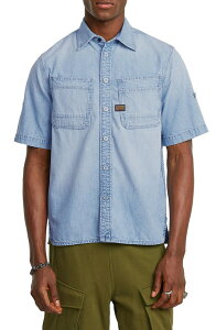 �W�[�X�^�[ �����Y �g�b�v�X �V���c �f�j�� G-STAR Short Sleeve Denim Button-Up Shirt Sun Faded Blue Mist �u���[