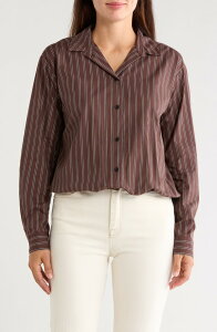 �r�[�`�����`���E���W ���f�B�[�X �g�b�v�X �V���c �R�b�g�� beachlunchlounge Marin Stripe Cotton Crop Bubble Hem Shirt ROCKY ROAD �X�g���C�v