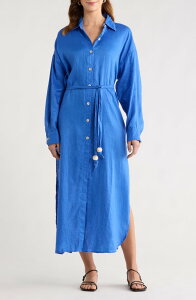 �G���� ���f�B�[�X �g�b�v�X �����s�[�X �V���c ���l�� �}�L�V Elan Long Sleeve Linen Maxi Shirtdressapphire Blue �u���[