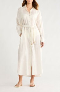 �G���� ���f�B�[�X �g�b�v�X �����s�[�X �V���c ���l�� �}�L�V Elan Long Sleeve Linen Maxi Shirtdress White �z���C�g