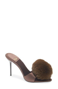 �W�F�t���[ �L�����x�� ���f�B�[�X �V���[�Y �T���_�� Jeffrey Campbell Shopaholic Faux Fur Pom Slide Sandal Brown Satin Combo �u���E��