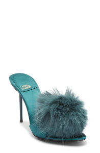 �W�F�t���[ �L�����x�� ���f�B�[�X �V���[�Y �T���_�� Jeffrey Campbell Shopaholic Faux Fur Pom Slide Sandal Turquoise Satin Combo �^�[�R�C�Y