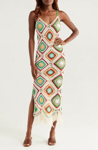 �G���� ���f�B�[�X �g�b�v�X �����s�[�X �}�L�V Elan Crochet Maxi Cover-Up Dress White Multi �z���C�g