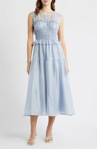 ���[�����o�[ ���f�B�[�X �g�b�v�X �����s�[�X �Z�~�V�A�[ �~�f�B �V�A�[ MOON RIVER Semi Sheer Yoke Gathered Peplumidi Dress Dusty Blue �u���[