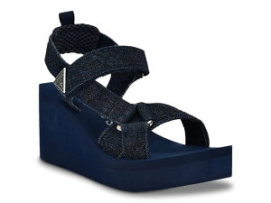 QX fB[X V[Y T_ Guess Dawsin Wedge Sandal Dark Blue Denim Fabric fj