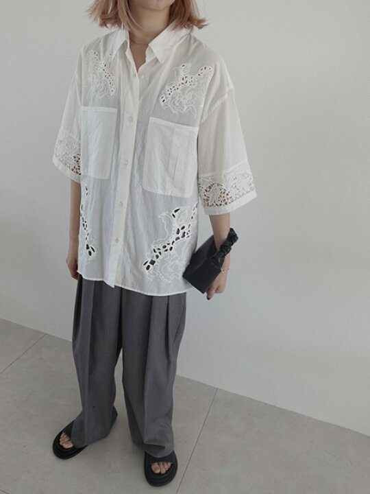 anuke アンヌーク Cutwork Lace Shirts BLACK