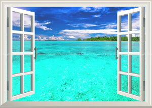 絵画風 壁紙ポスター (はがせるシール式) -窓の景色- 爽快なターコイズブルーの海景色 ウィディ諸島 ハルマヘラ島 インドネシア 絶景 【窓仕様/トリックアート】 キャラクロ M-RIDN-001MA2(A2版
